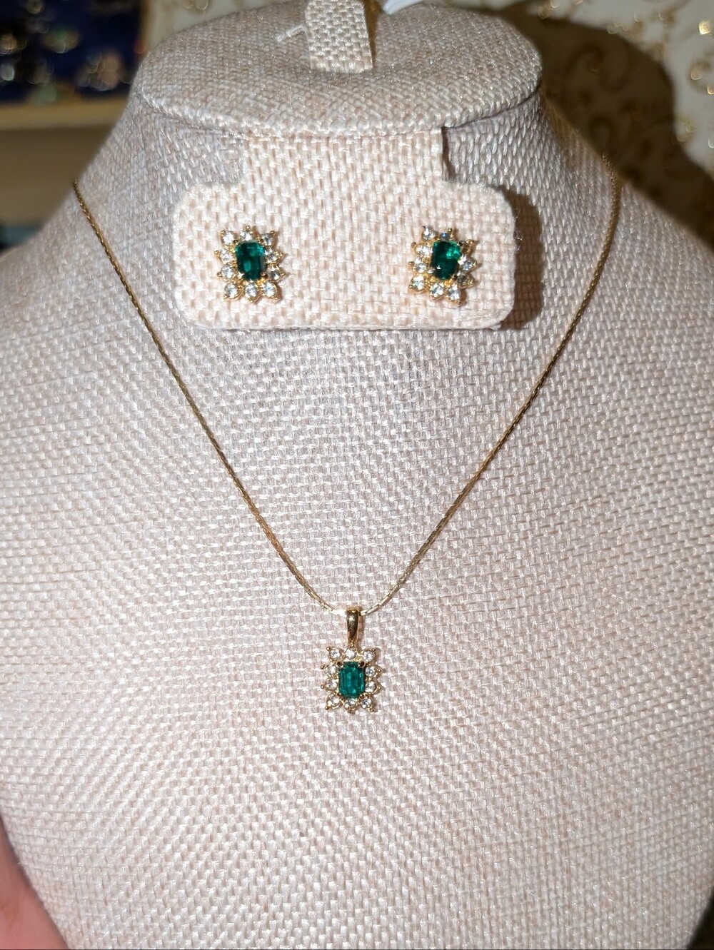 Vintage Emerald Green Halo Pendant and Stud Earrings Set